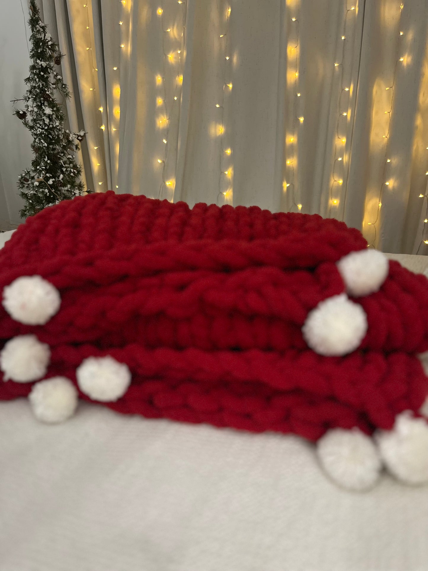 Holiday Red Chunky Knit Throw With White Pom Poms
