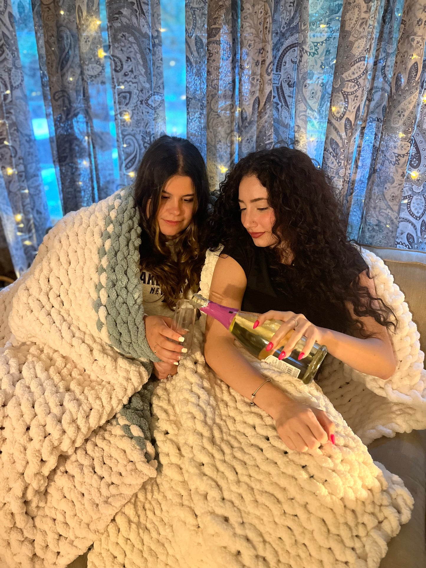 White and Teal Oversized Chunky Knit Throw