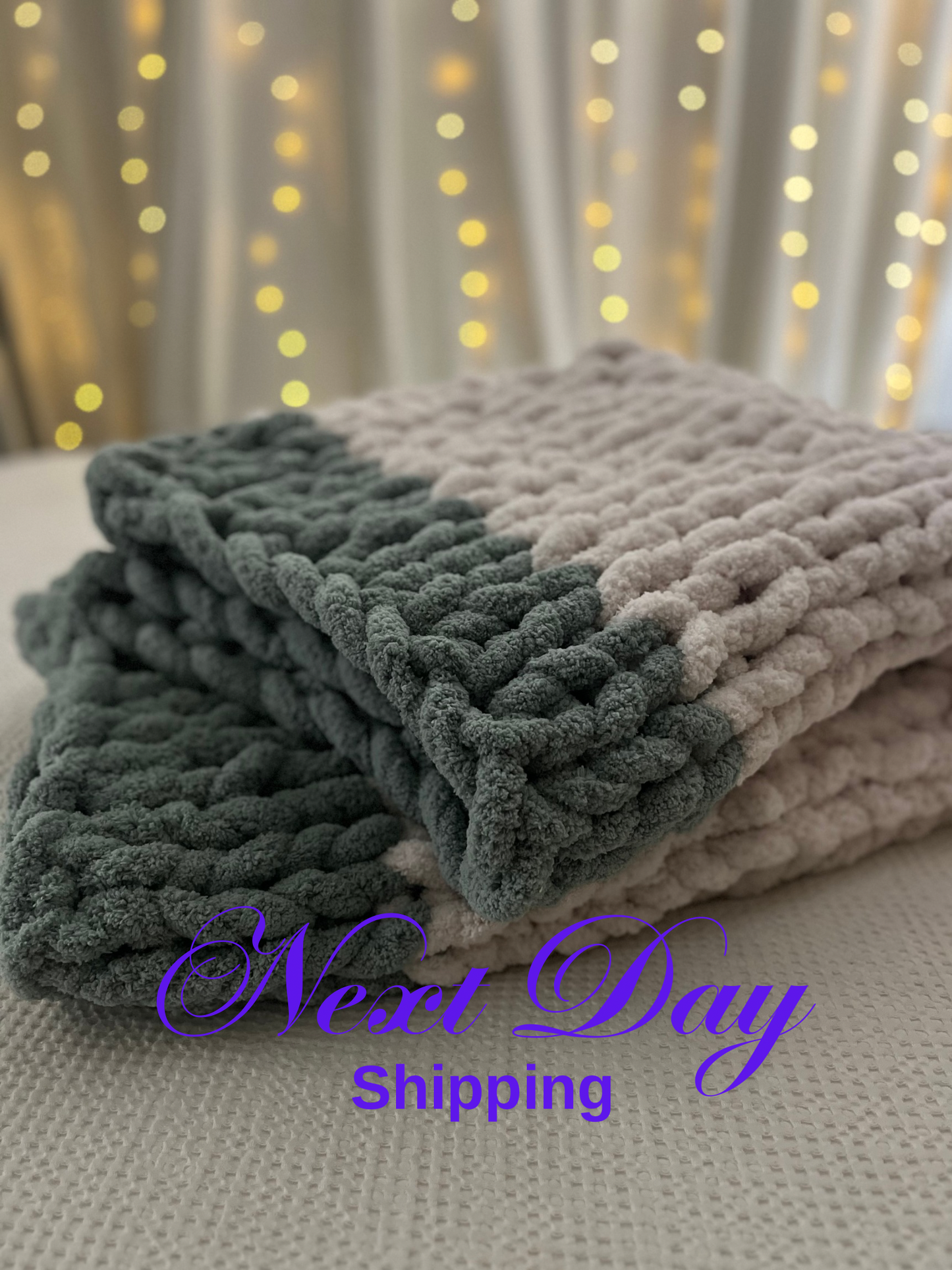 White and Teal Oversized Chunky Knit Throw
