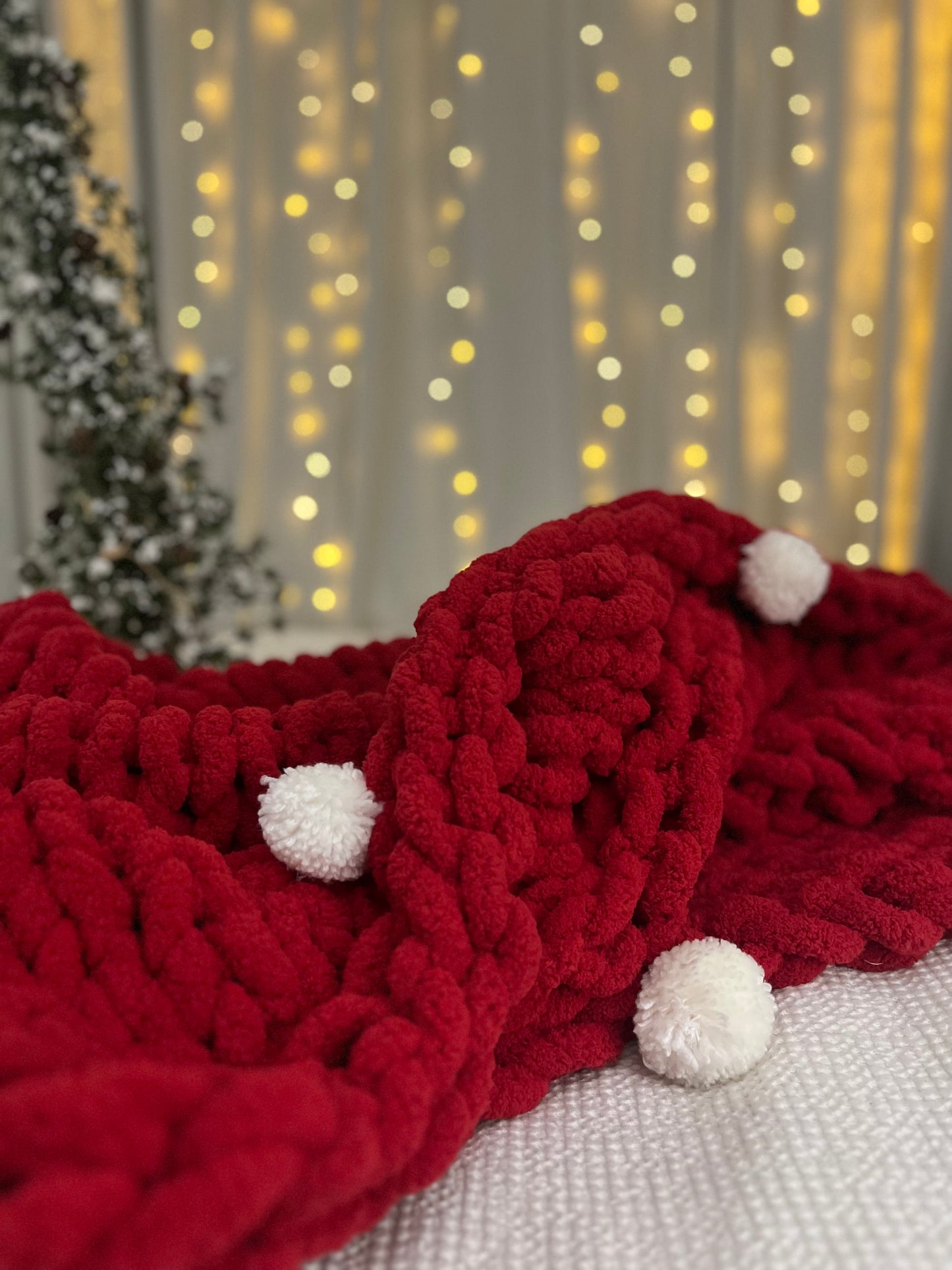 Holiday Red Chunky Knit Throw With White Pom Poms