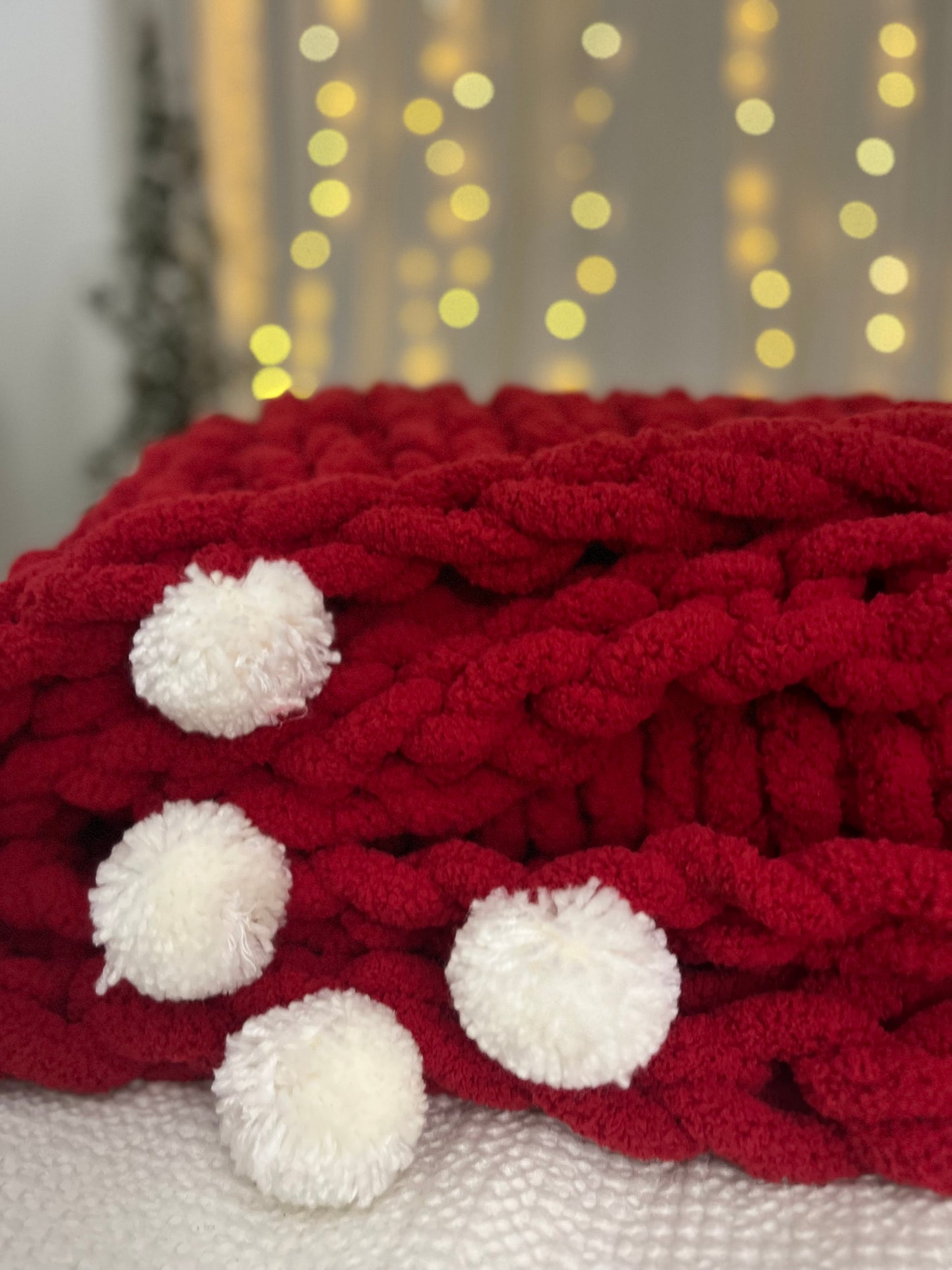 Holiday Red Chunky Knit Throw With White Pom Poms