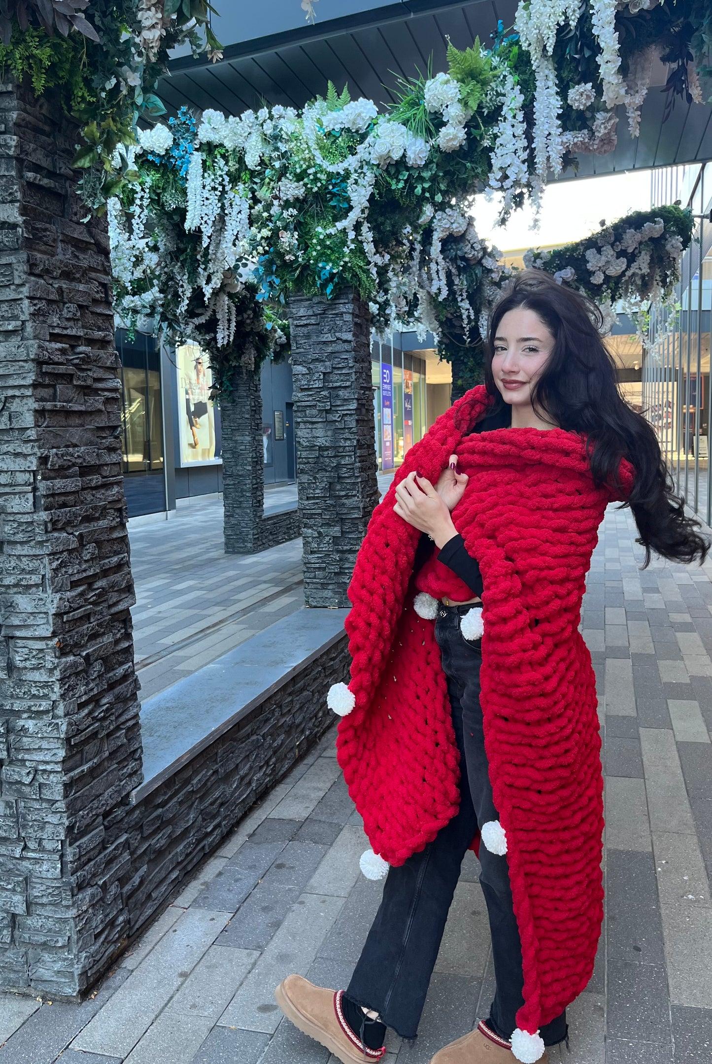Holiday Red Chunky Knit Throw With White Pom Poms