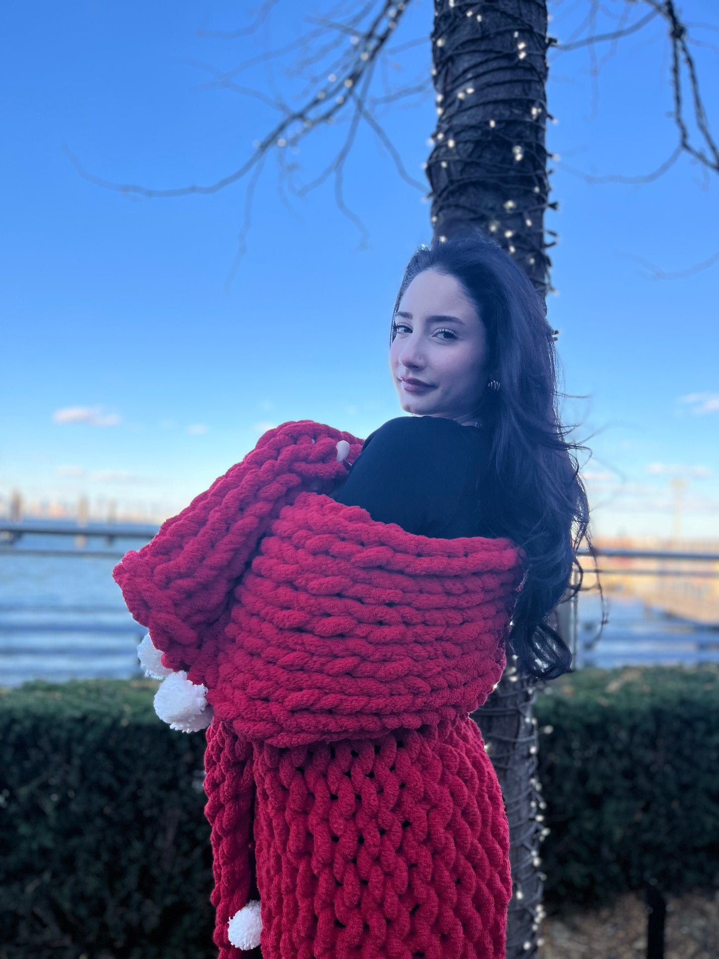Holiday Red Chunky Knit Throw With White Pom Poms