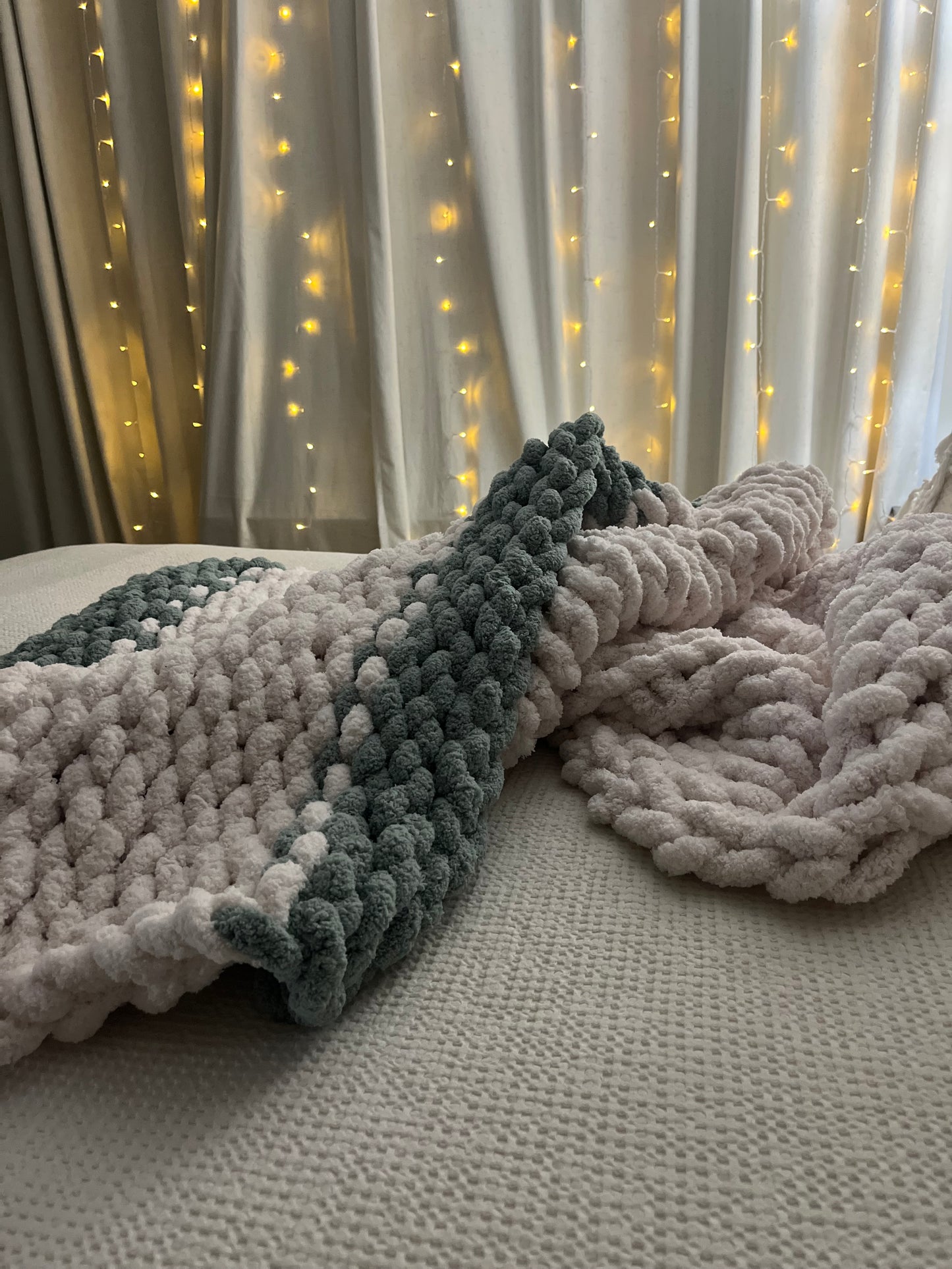 White and Teal Oversized Chunky Knit Throw
