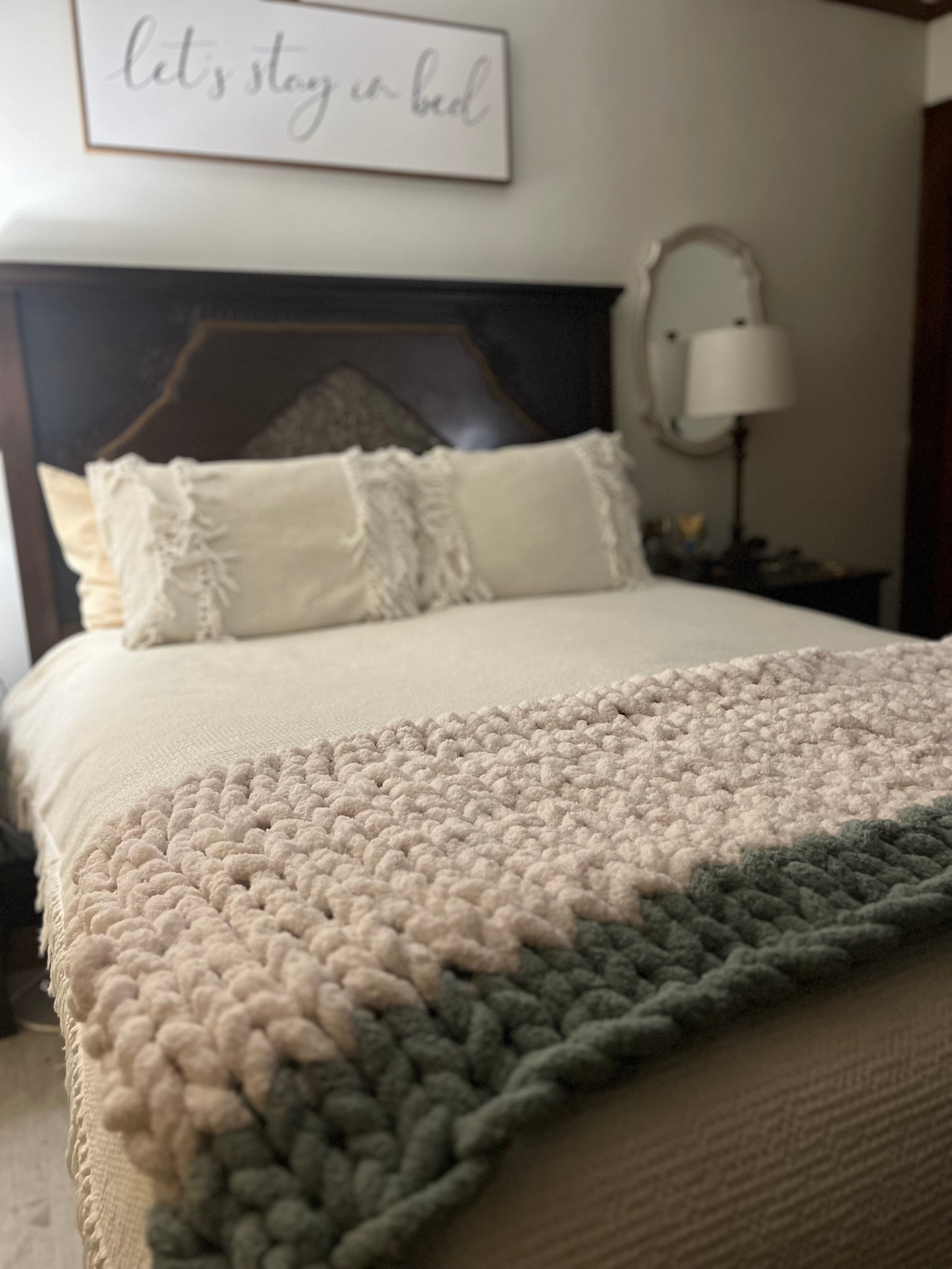 White and Teal Oversized Chunky Knit Throw