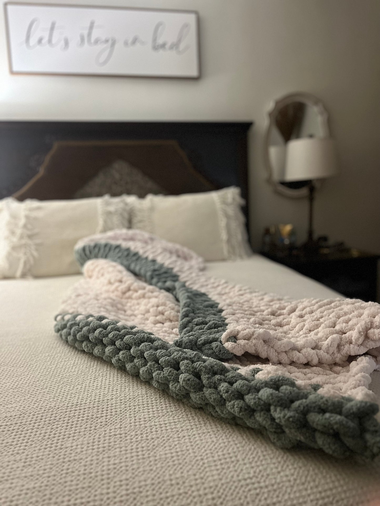 White and Teal Oversized Chunky Knit Throw